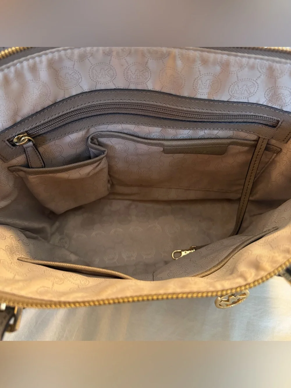 Michael Kors Taupe Saffiano Leather Tote with Gold Logo Charm